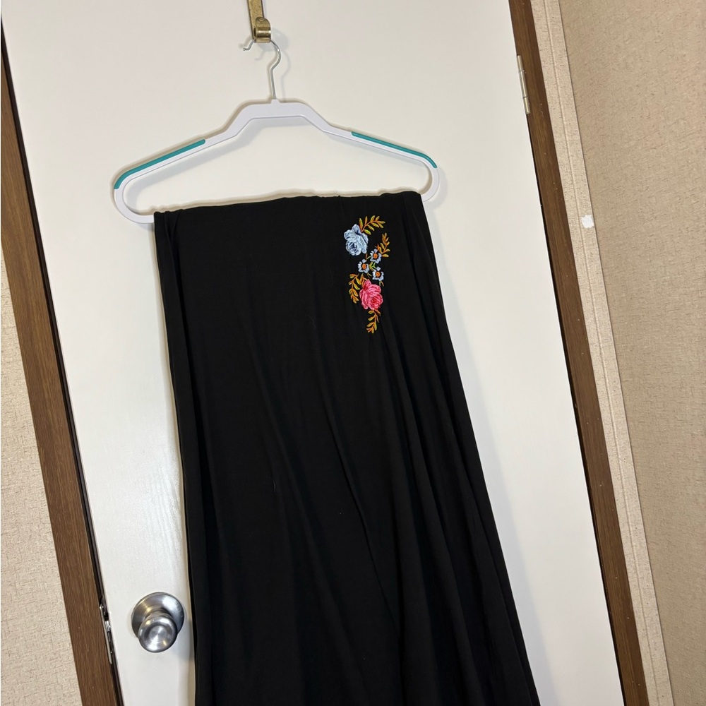 Poof! Black Maxi Skirt with Floral Embroidery